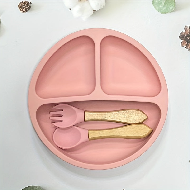 "Silikon ovqat berish to'plami, so'rg'ichli plastinka, qoshiq va vilkalar - BPA dan xoli - O'z-o'zini o'qitish uchun ideal - Idish yuvish mashinasi va mikroto'lqinli pechda xavfsiz - Ranglar: yengil yashil, qaymoq, pushti, yashil, ko'k"