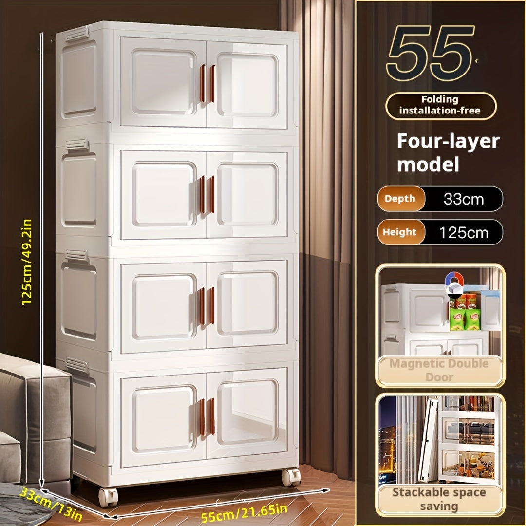 Складной органайзер для хранения PP с колесами, двойными дверцами и многоуровневыми полками