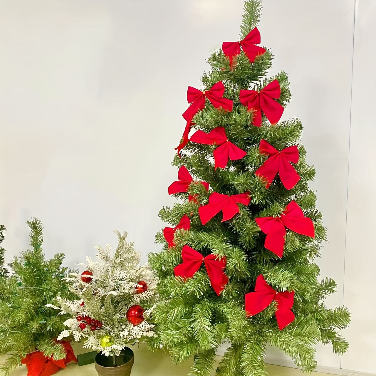 12-Pack Red Christmas Tree Bows Festive Plastic Fabric Holiday Decor