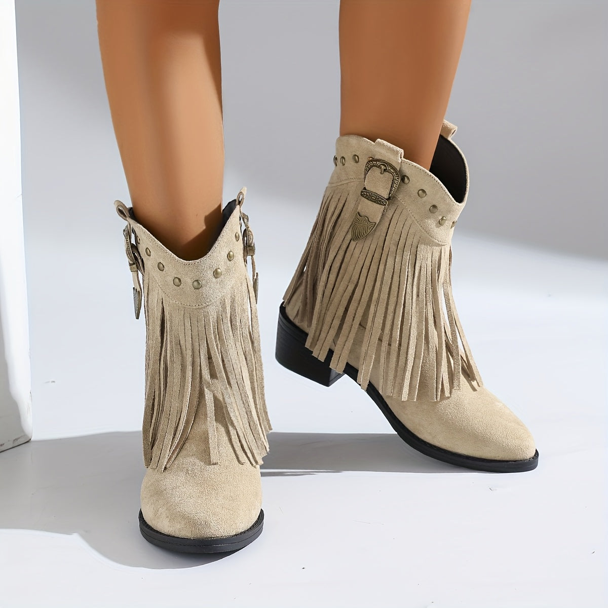 Women's Ankle Boots Leather Slip-On Pointed Toe Fringe Buckle Beige All-Season