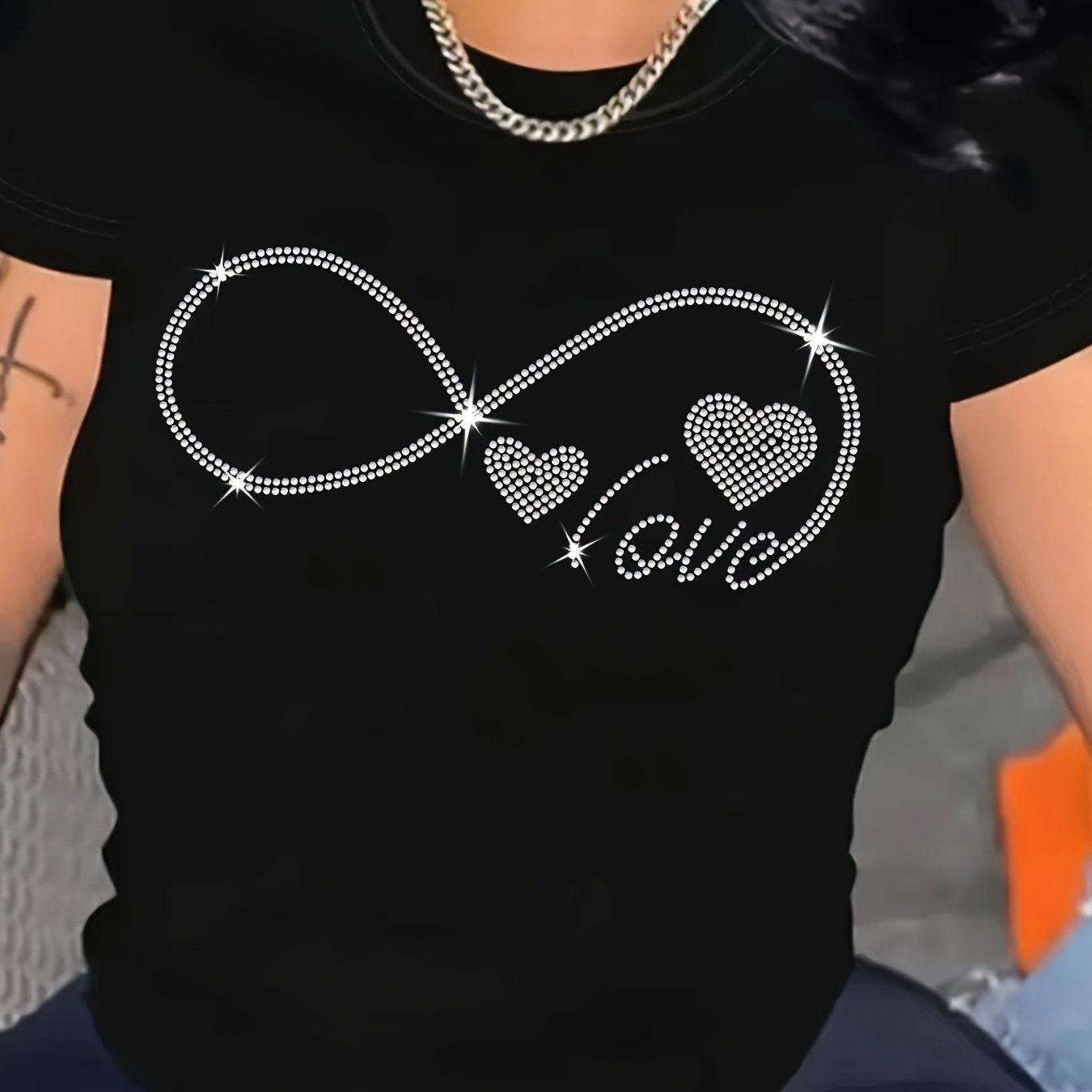 Plus Size Women's Casual T-Shirt with Rhinestone Geometric Pattern Polyester Blend