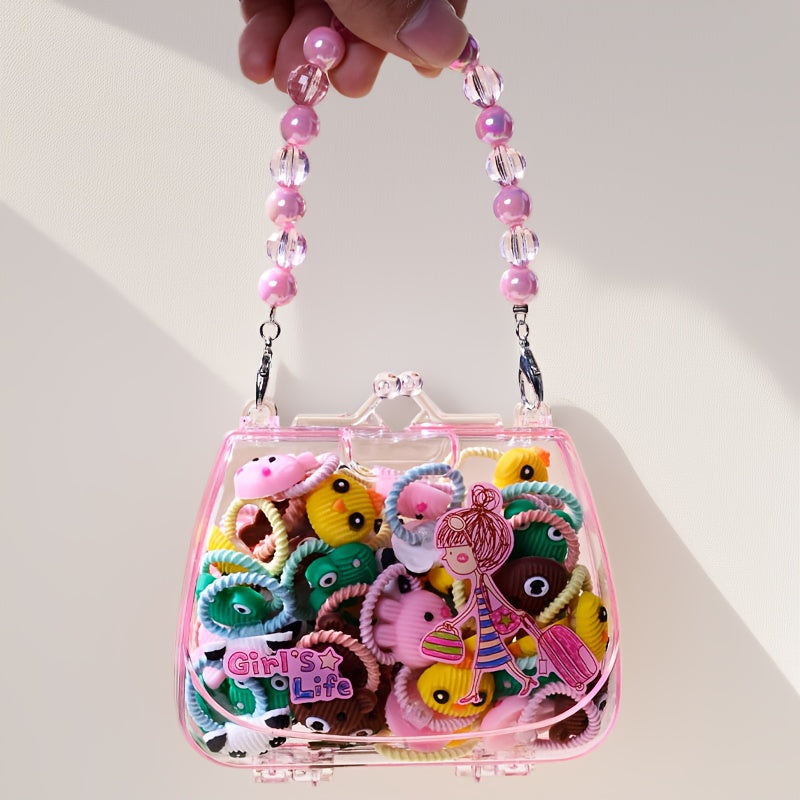 Qizlar uchun aralash ranglarda 20 ta qiziqarli multfilm soch bog'ichlari to'plami, pushti sun'iy marvaridli sovg'a qutisi bilan