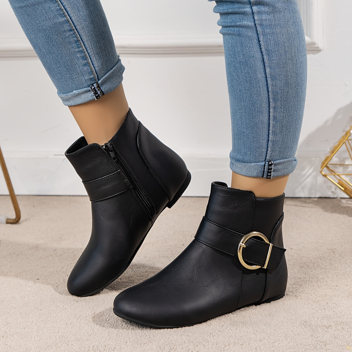 Women's Faux Leather Ankle Boots with Side Zipper and Flat Heel