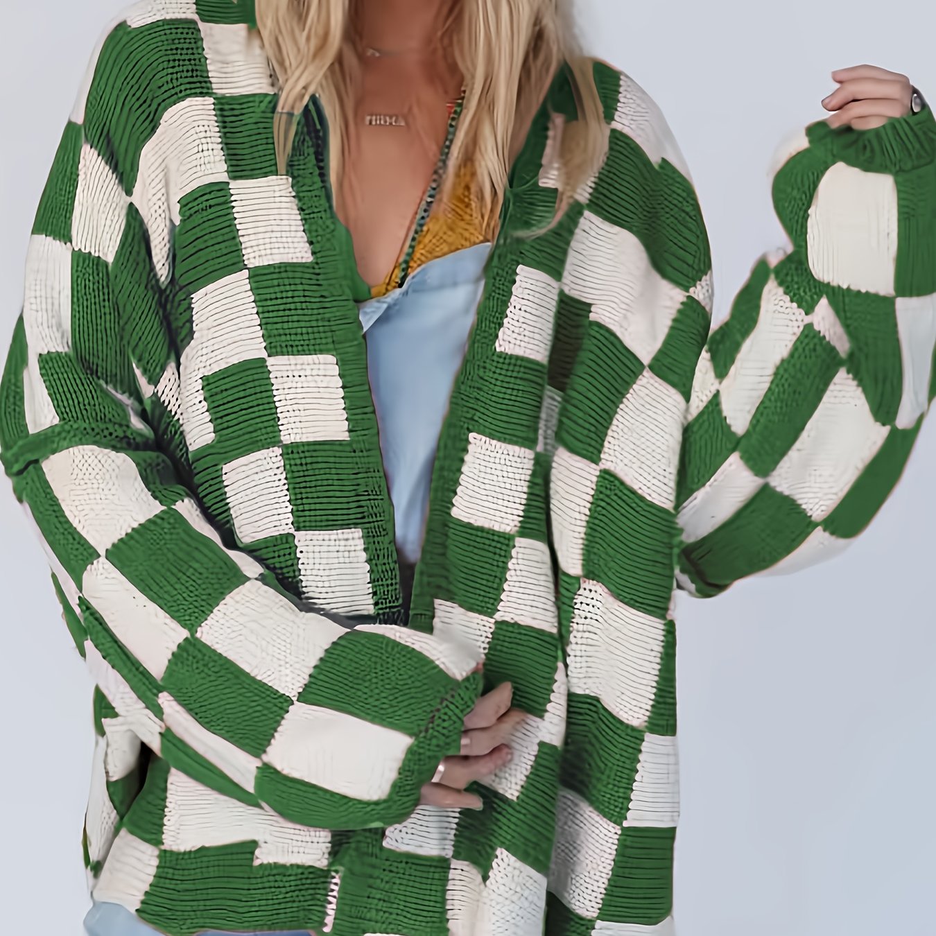 Women's Plus Size Black and White Checkered Open Front Cardigan Sweater