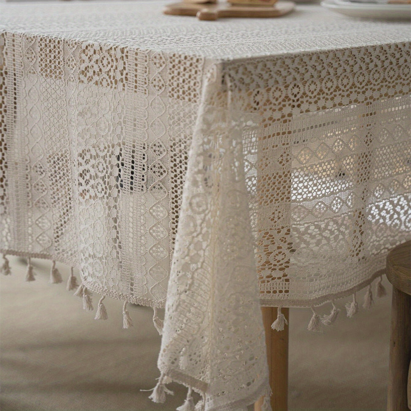Bohemian Crochet Lace Rectangular Tablecloth for Dining and Parties Polyester Farmhouse Style