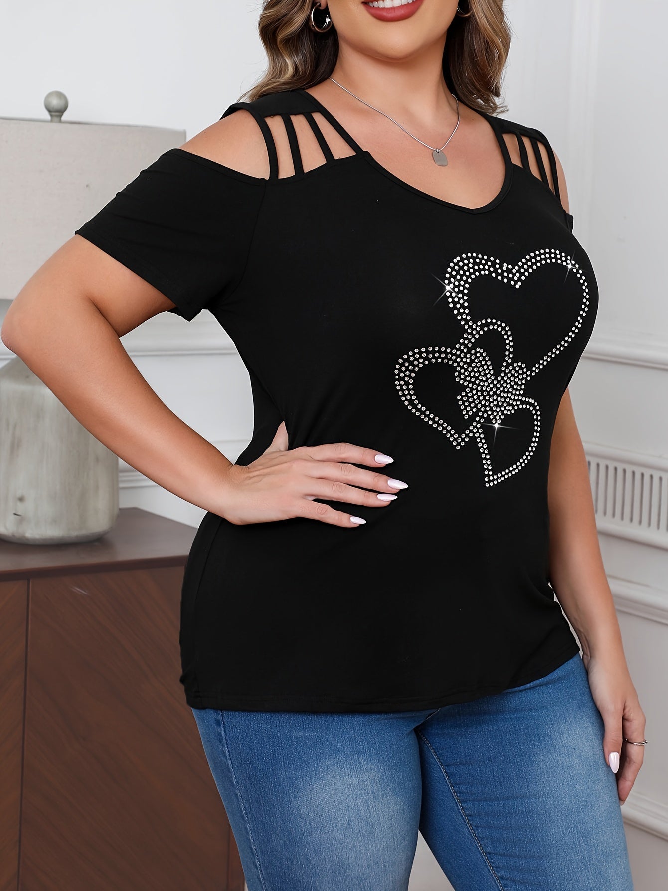Plus Size Women's V-Neck Off-Shoulder T-Shirt Breathable Short Sleeve Blouse