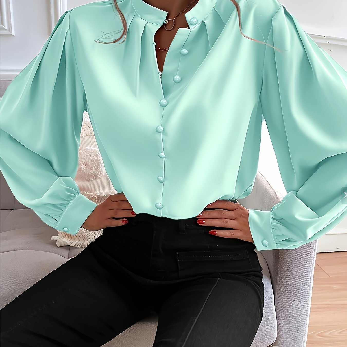 Women's Plus Size Woven Shirt Casual Short Sleeve Polyester Blue