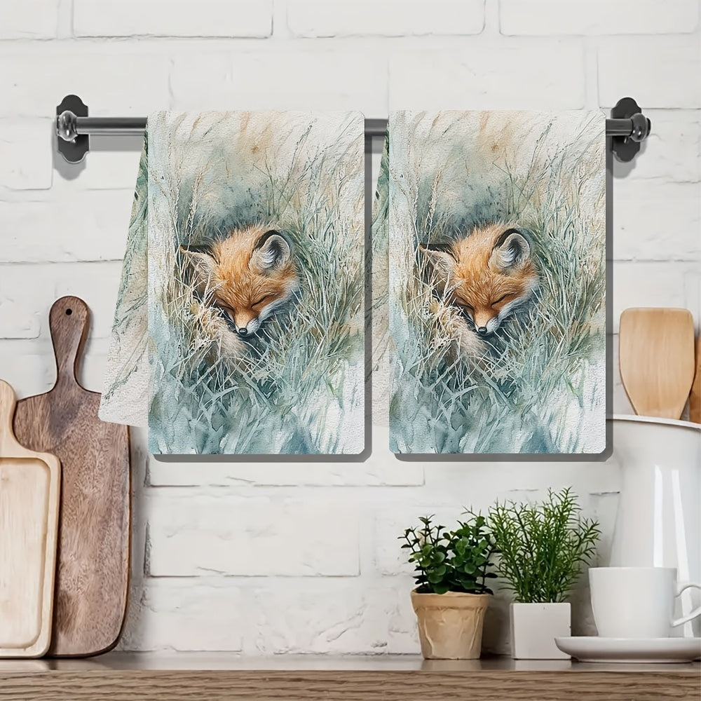 Two Pieces Ultra Soft Kitchen Towels with Fox Playing in Grass Design 40x60 cm