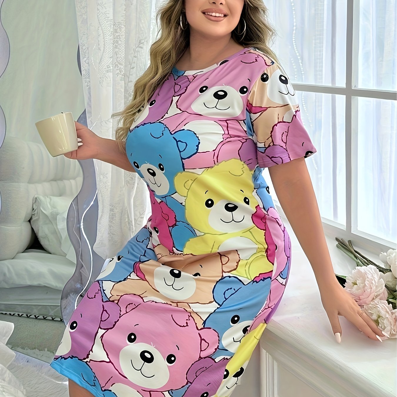 Plus Size Girls Night Dress Cartoon Bear Print Short Sleeve Sleepwear