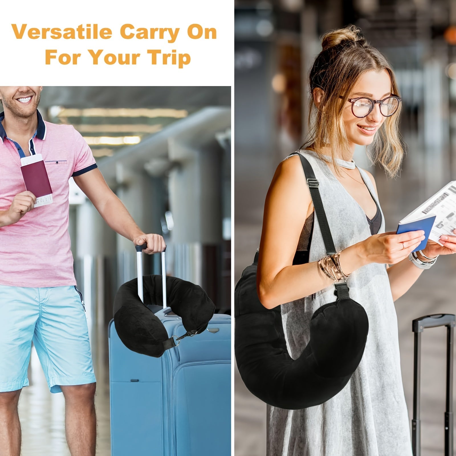 Black U-Shaped Travel Pillow with Clothes Storage, Refillable, Lightweight