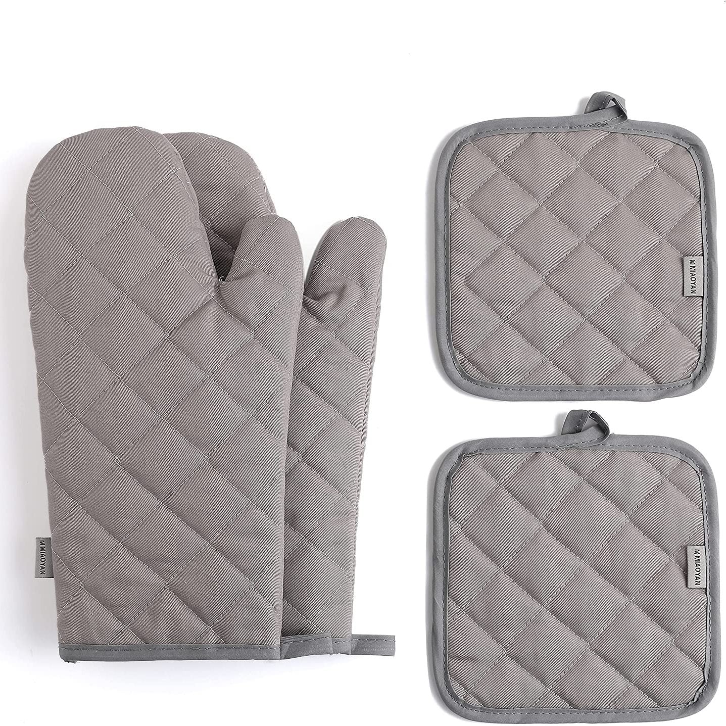 Set of 4 Grey Heat Resistant Oven Mitts and Pot Holders 33cm Long