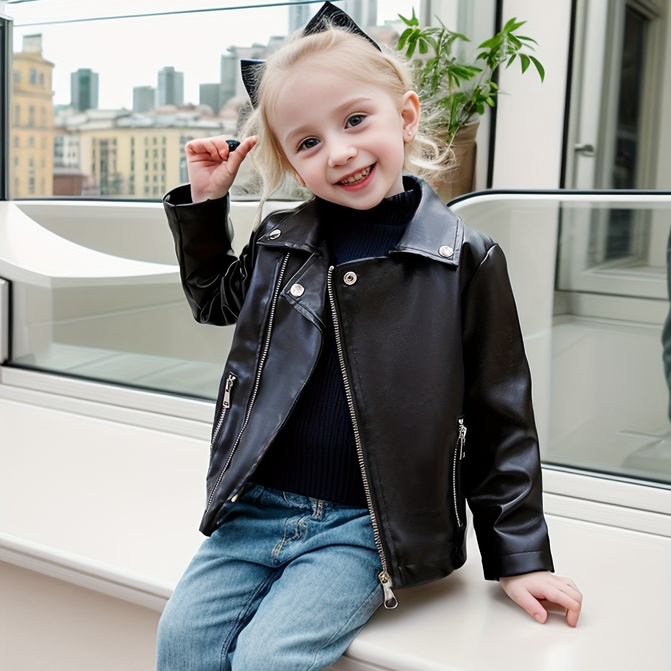 Молодежная полиэстеровая куртка из ПУ однотонного цвета с лацканами, на пуговицах, свободного кроя для весны/осени.