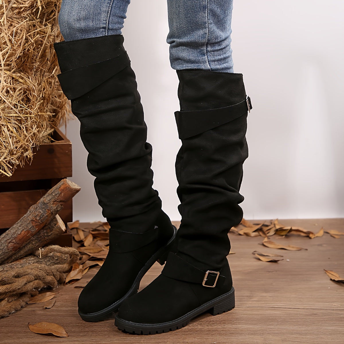 Women's Knee-High Slouch Boots Fabric Round Toe Block Heel All-Season