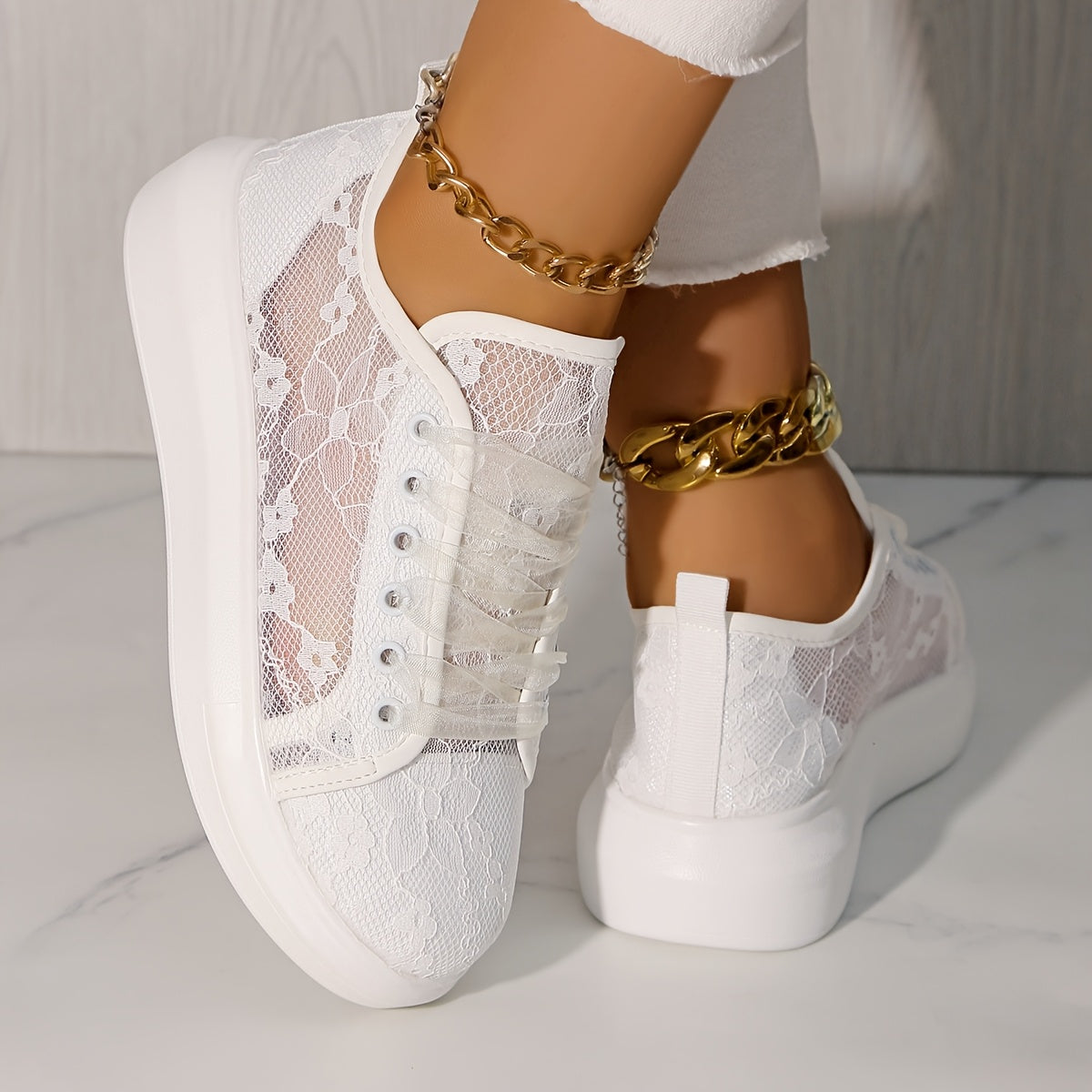 Women's White Floral Lace Mesh Breathable Sneakers for Walking and Travel