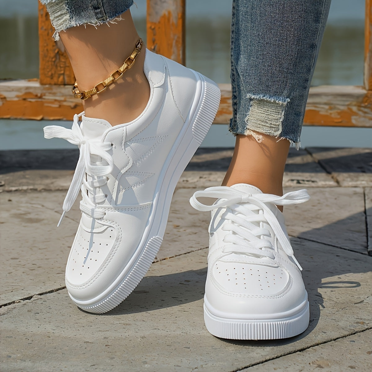 Women's Lightweight Skate Sneakers White Pink Synthetic Upper Breathable Fabric Rubber Sole