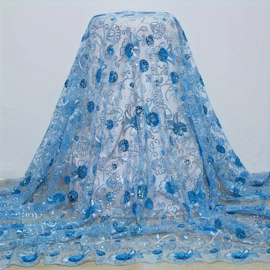 Floral Sequin Tulle Lace Fabric 4.57 Meters for Bridal Gowns Polyester Hand Wash