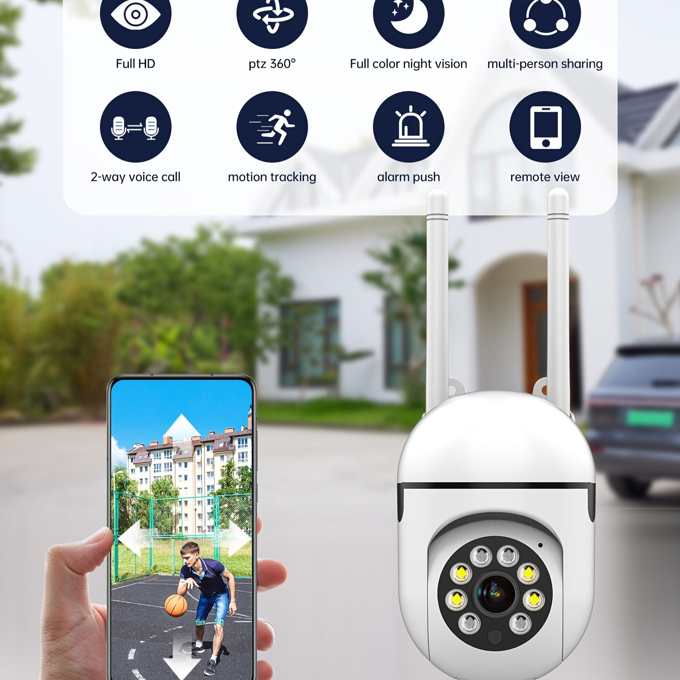 Cámara de seguridad inalámbrica FHD 1080P con panorámica, inclinación, zoom, visión nocturna y alertas de movimiento para uso en interiores