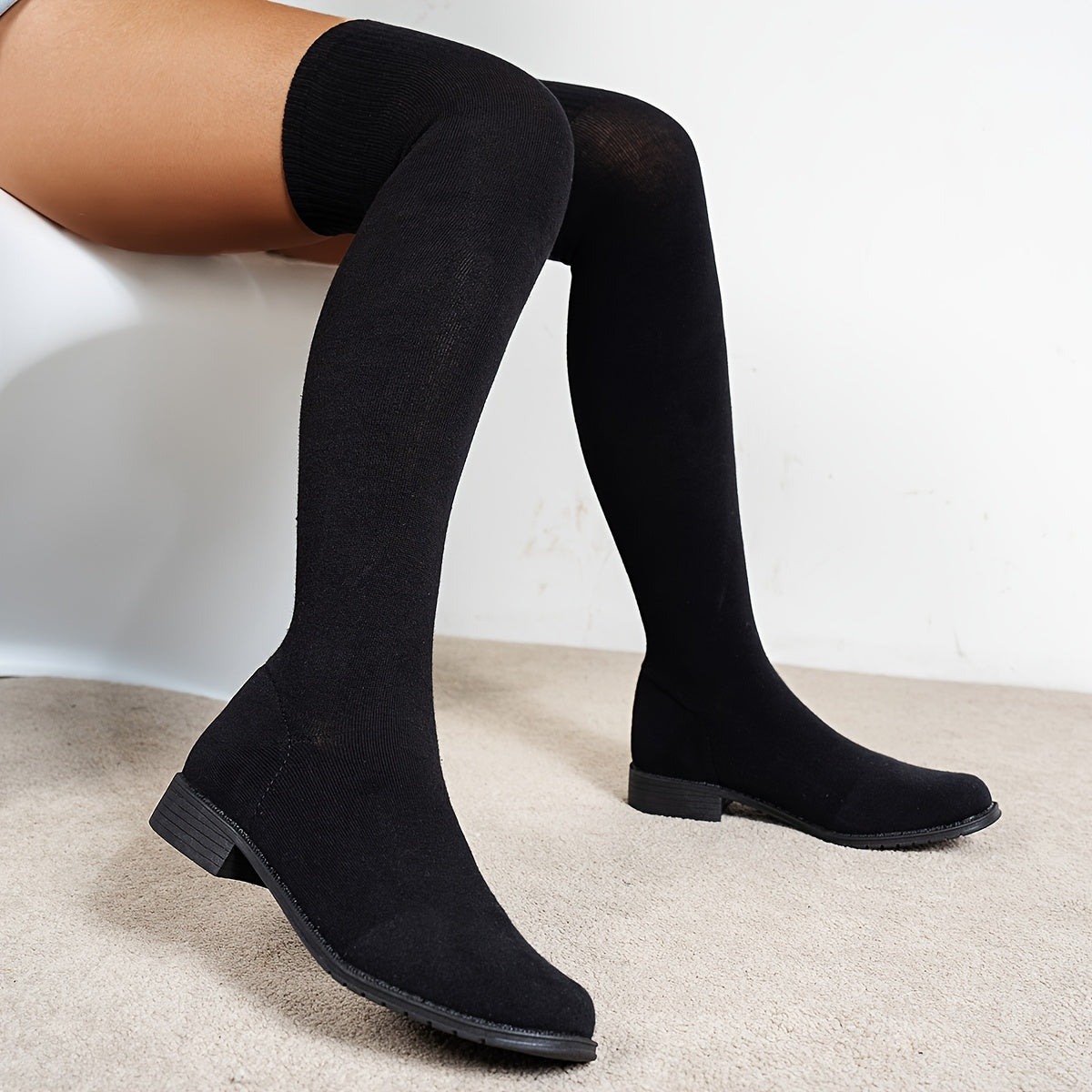 Women Elastic Knee-High Boots Long Knitted Over-The-Knee Flat