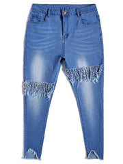 Women's Oversized Blue Ruffled Jeans Women Denim Casual Pants