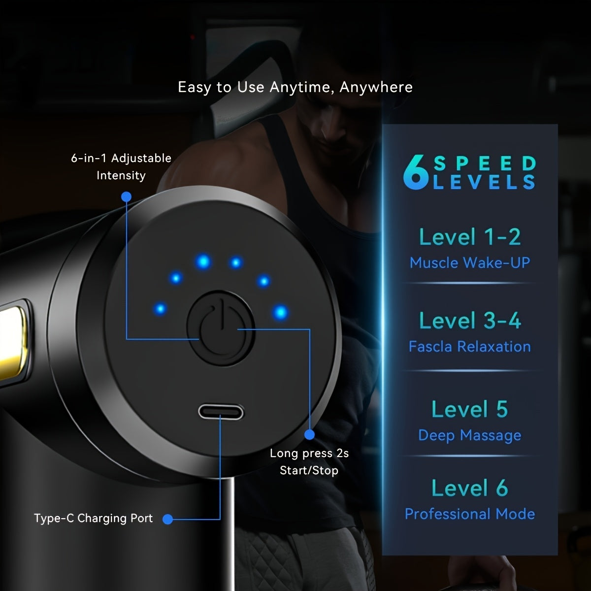 Portativ Fascia Massaj Qurollari, Qayta zaryadlanadigan 1200Mah Li-ion Batareya, 4 Ta O'zgaruvchan Massaj Boshliqlari, USB Zaryadlash, LED Sensorli Ekran, Plastik Tanasi, To'liq Tana Mushaklarini Qayta tiklash uchun, Sport