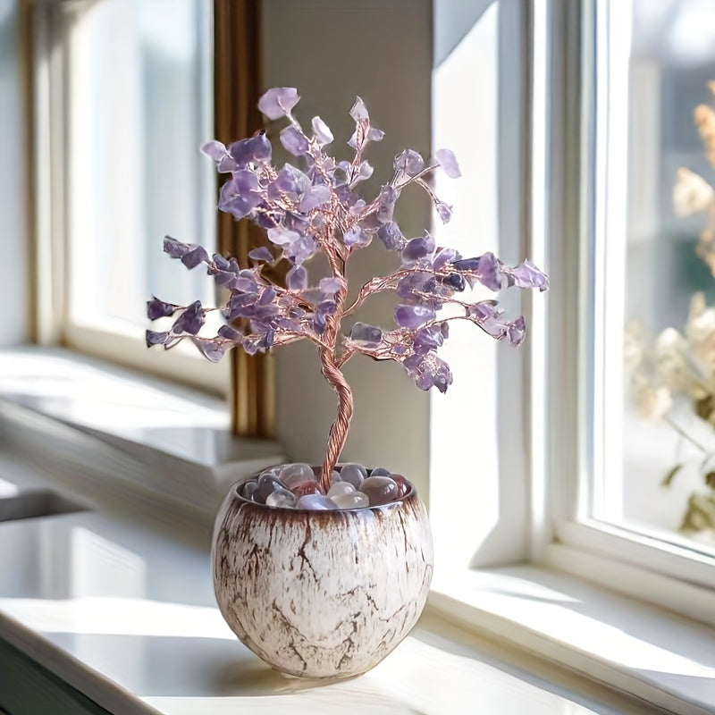 Artificial Crystal Tree with Pink Quartz Aquamarine Amethyst Citrine Faux Gemstones for Home Decor Gifts