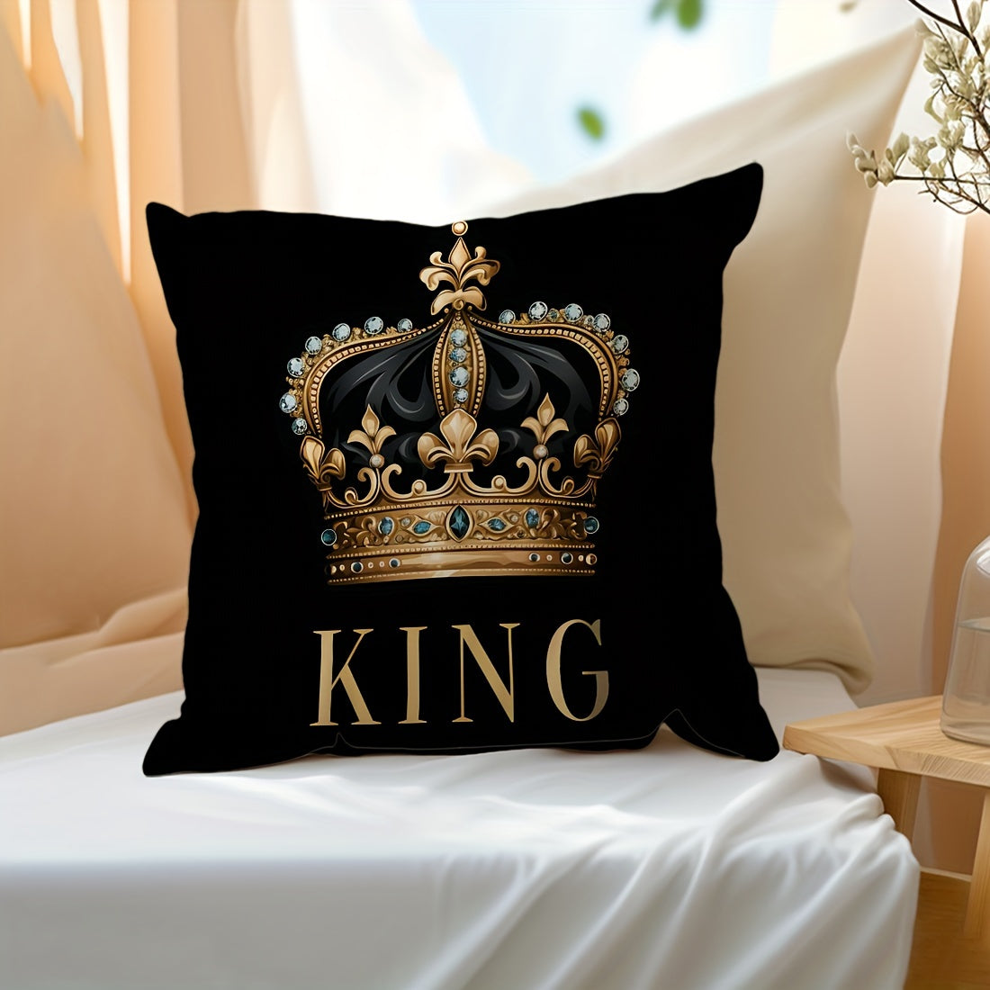 Set of 1 or 2 Peach Skin Pillowcases 45x45cm with Black Background Golden Crown Design for Sofa Bed Bedroom Decor