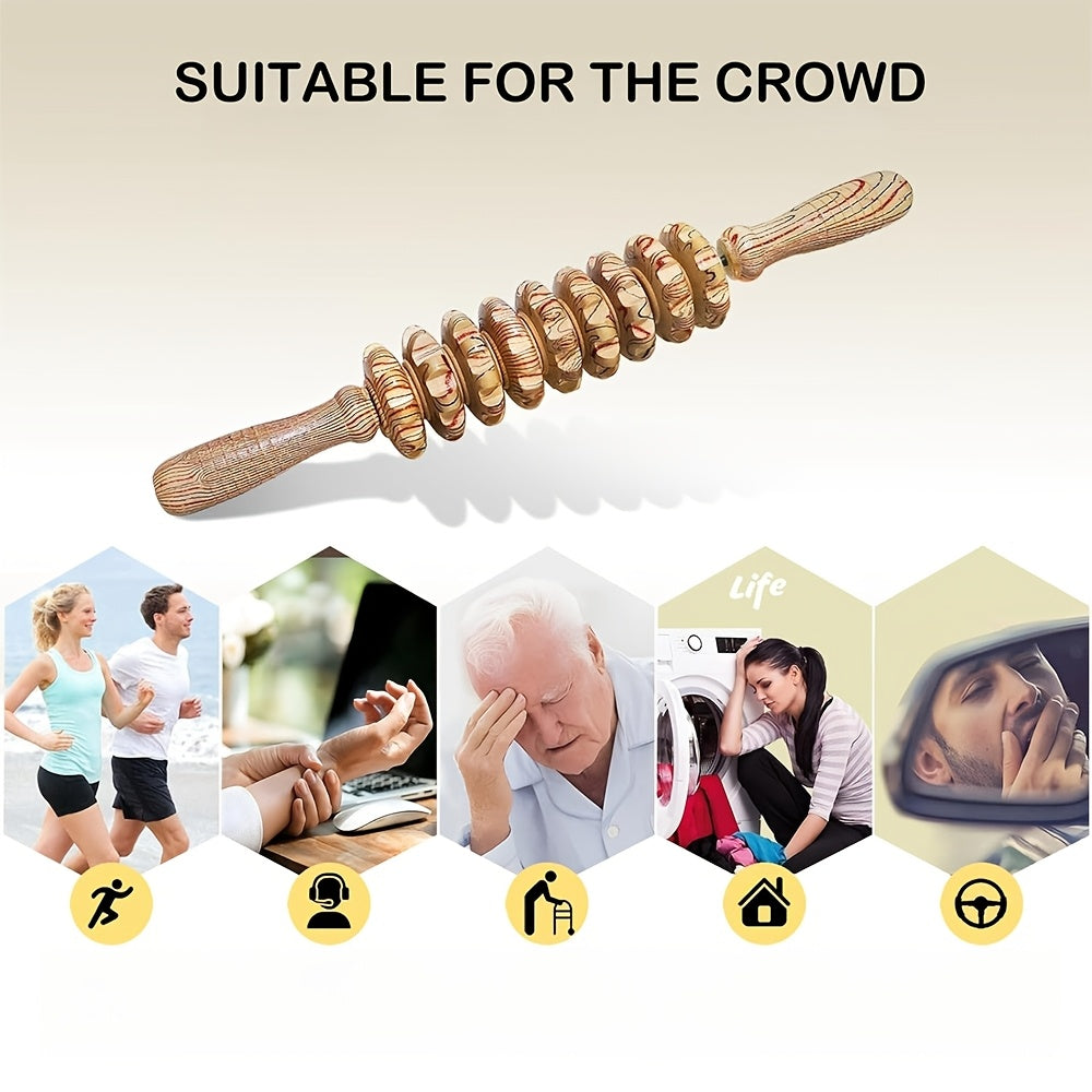 Wooden Handheld Massager with 9 Rollers for Muscle Relief and Wellness