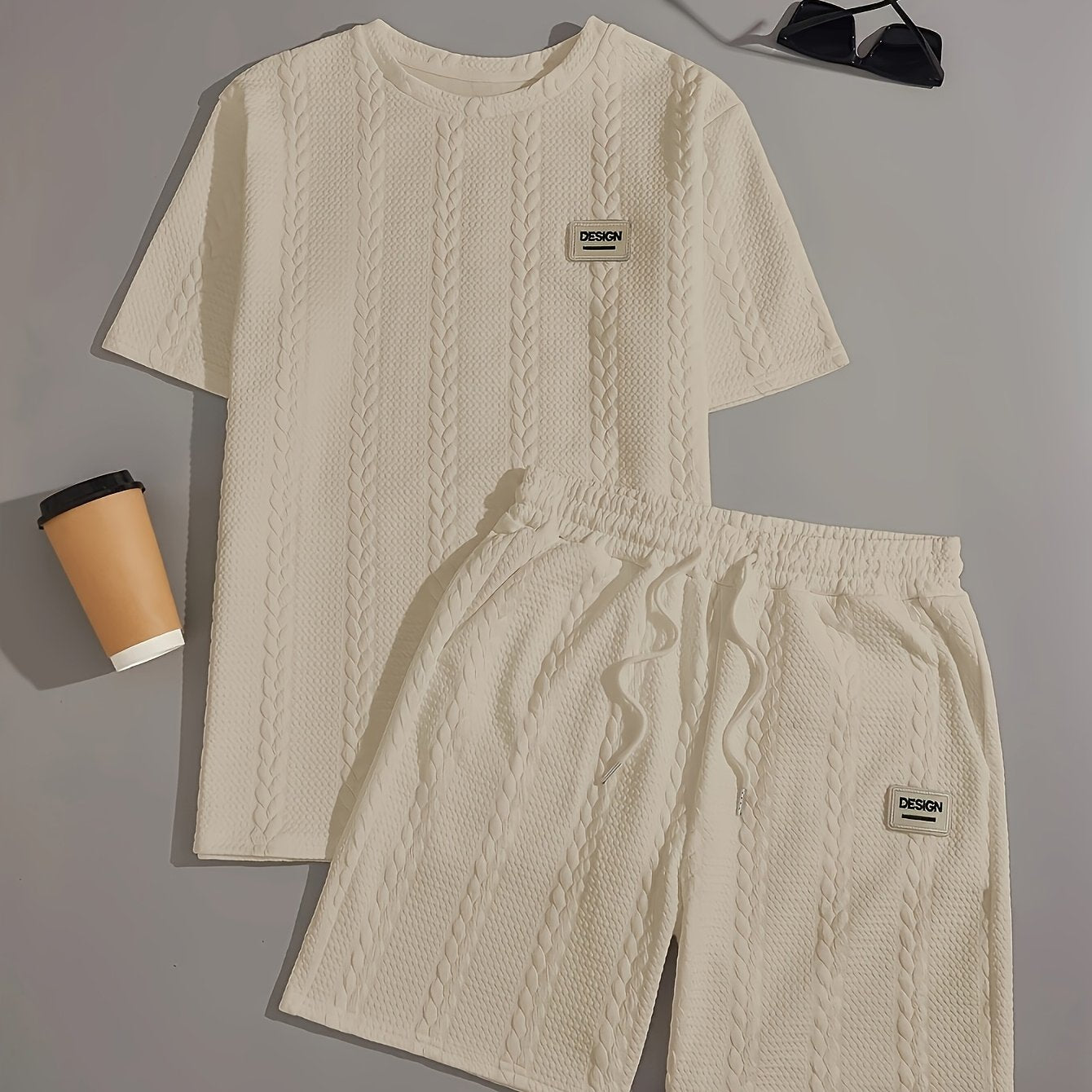 Men's Knitted Casual Two-Piece Pajama Set Short Sleeve Geometric Polyester
