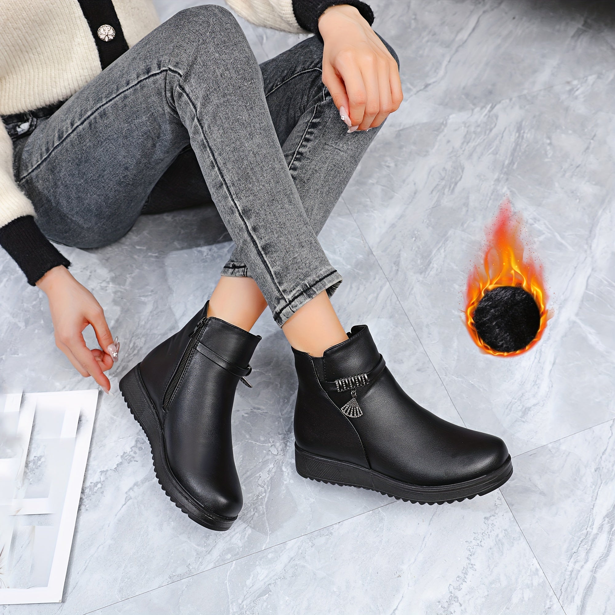 Women's Warm Furry Lined Winter Boots with Zipper and Thick PU Sole