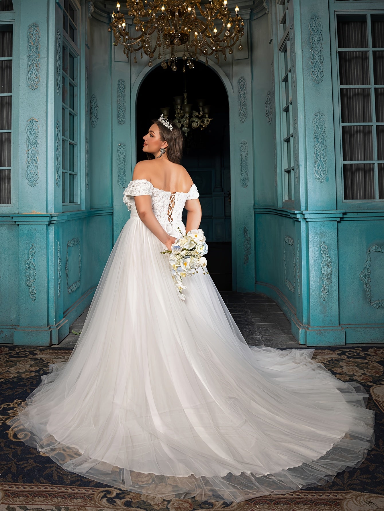 Plus Size Off Shoulder Wedding Dress A-Line Bridal Gown Ruffled Sleeves