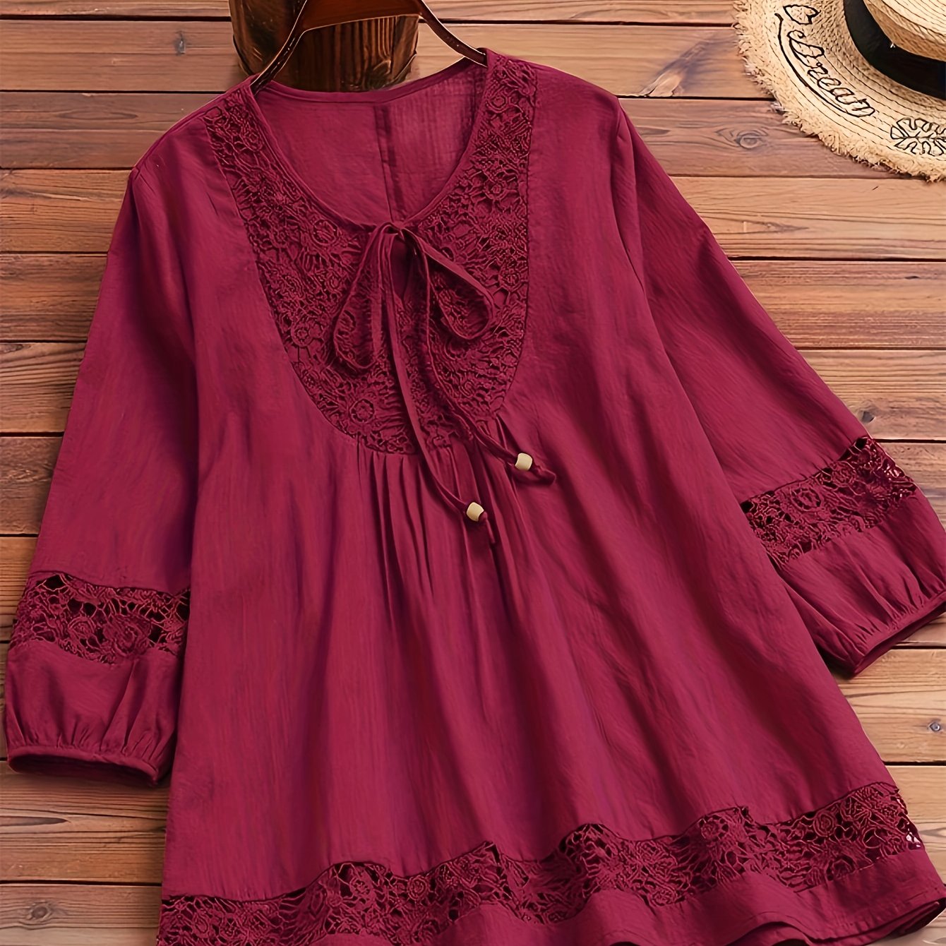 Top de encaje de mezcla de algodón para mujer, cuello redondo, liso, casual, primavera, otoño