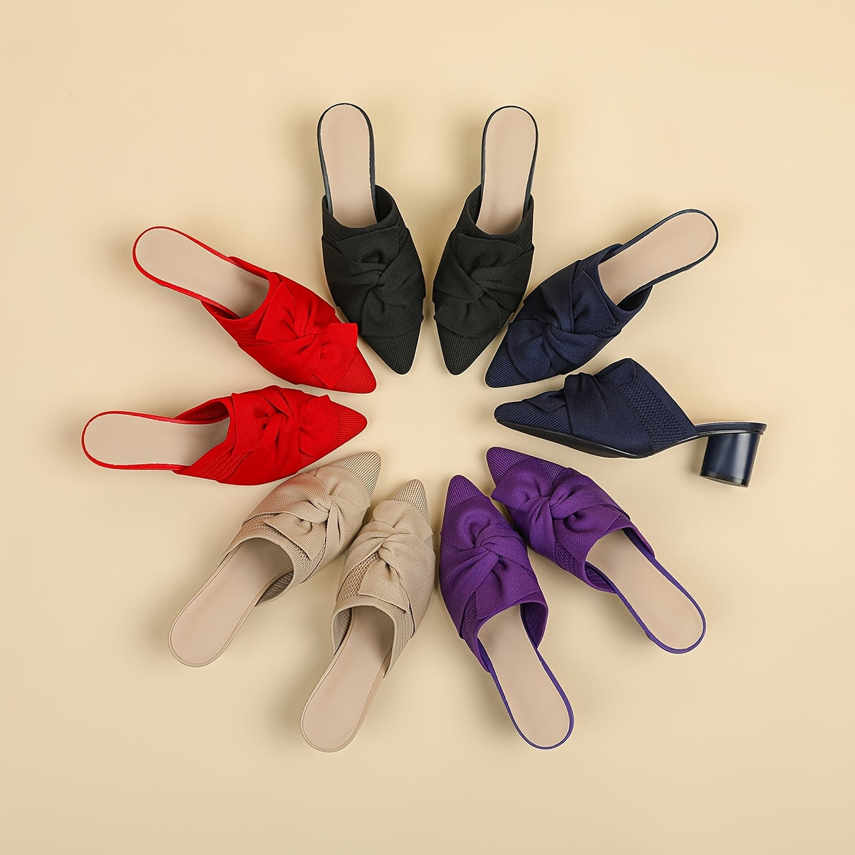 Women’s Pointed Toe Pumps Solid Color Fabric Slip-On Mid Heel Durable Sole