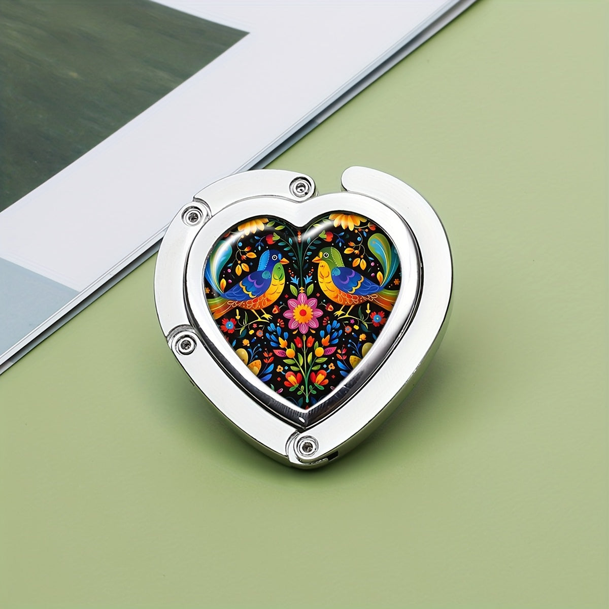 Heart-Shaped Handbag Hanger Zinc Alloy Foldable Purse Hook with Colorful Bird Floral Design