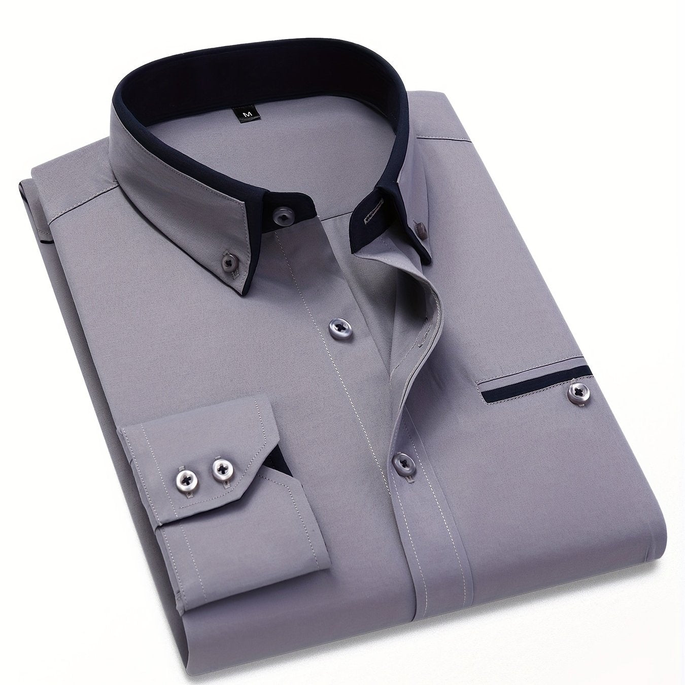 Men's Long Sleeve Dress Shirt with Contrast Lapel Collar Color Block for Formal Wear