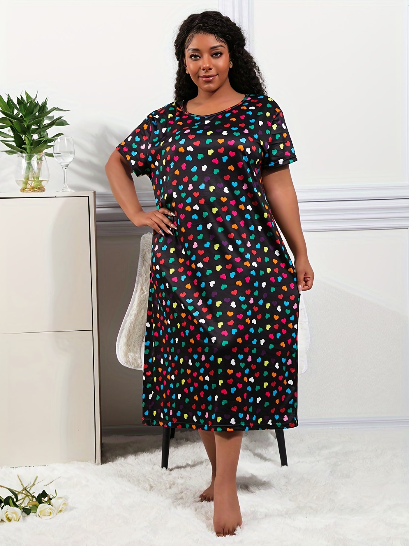 Plus Size Women's Loungewear Dress Colorful Heart Print Nightdress