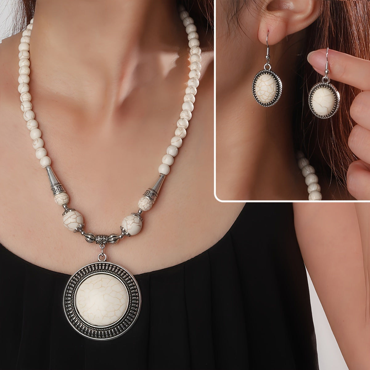 Boho Style Jewelry Set with White Turquoise Earrings and Necklace for Women