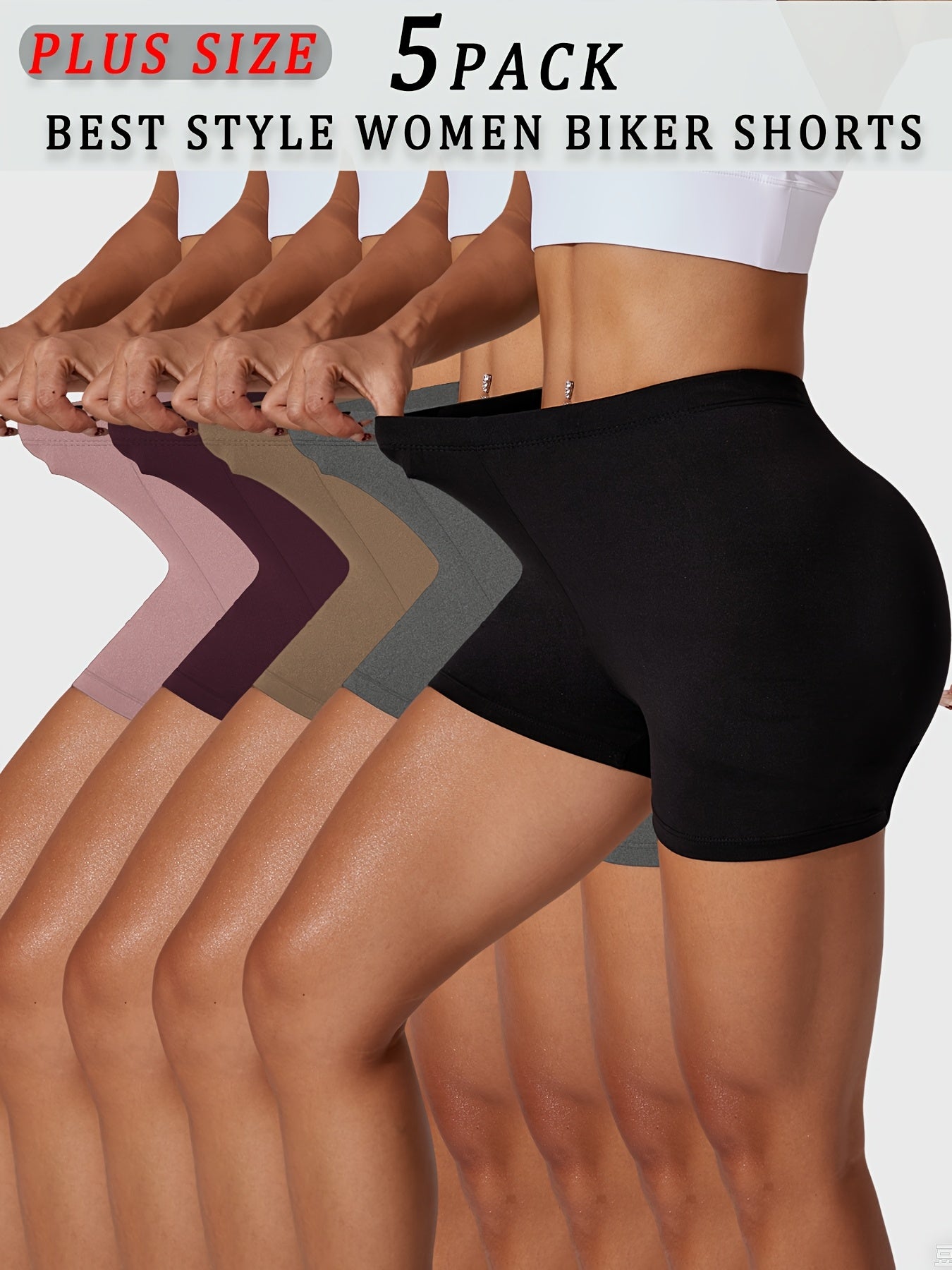 Women Plus Size Biker Shorts Soft Tummy Control Athletic Workout Yoga 5 Pack