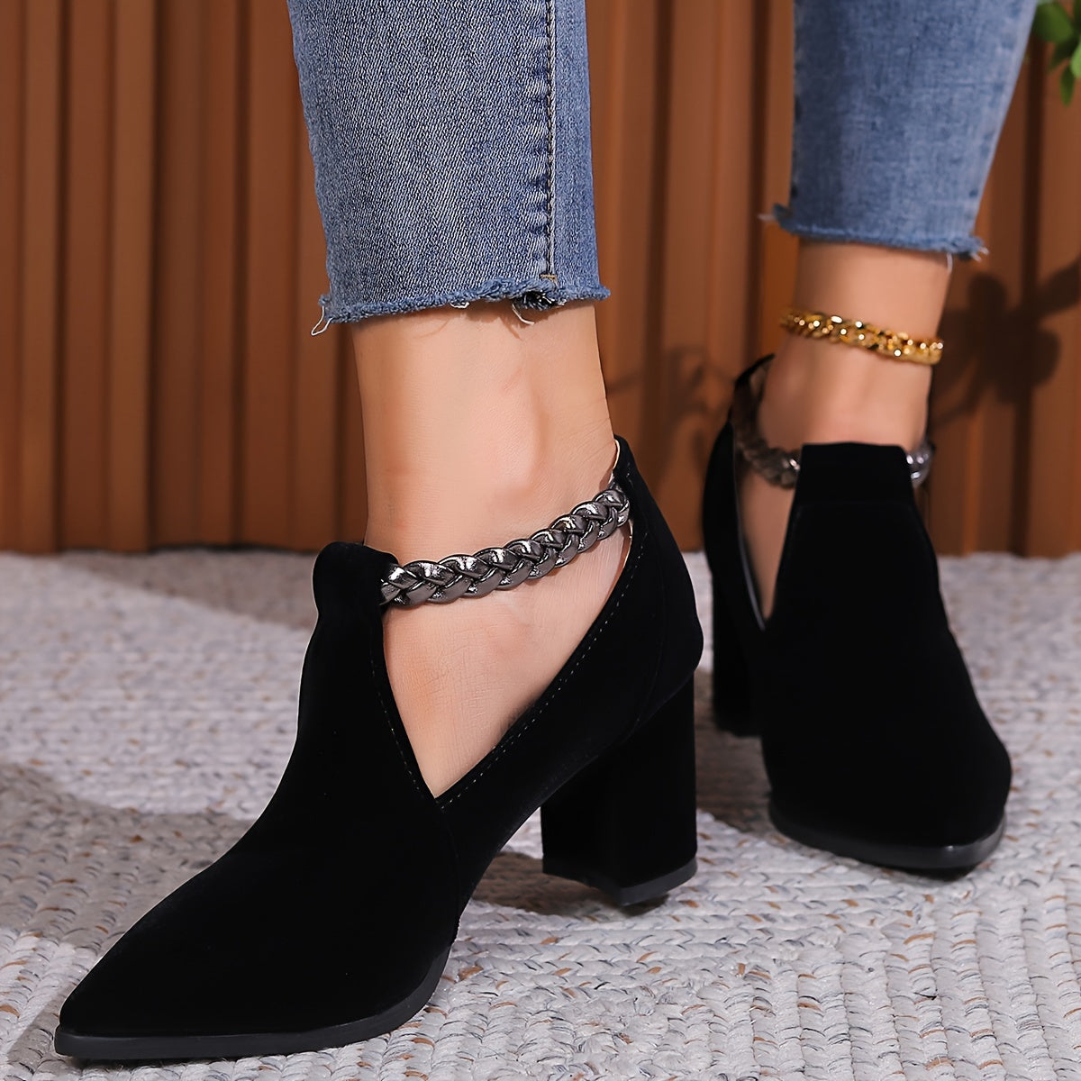Women Black Vintage-Inspired Mary Jane Ankle Boots Chunky Heel