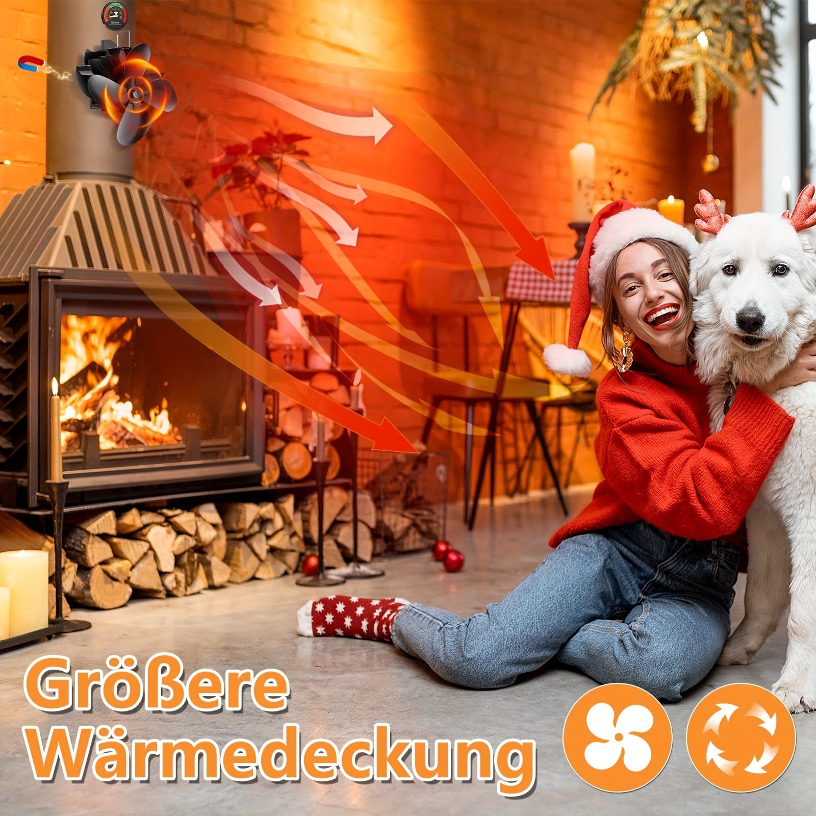 Fireplace Fan with Magnetic Thermometer Non-Electric Quiet Operation for Stoves and Fireplaces