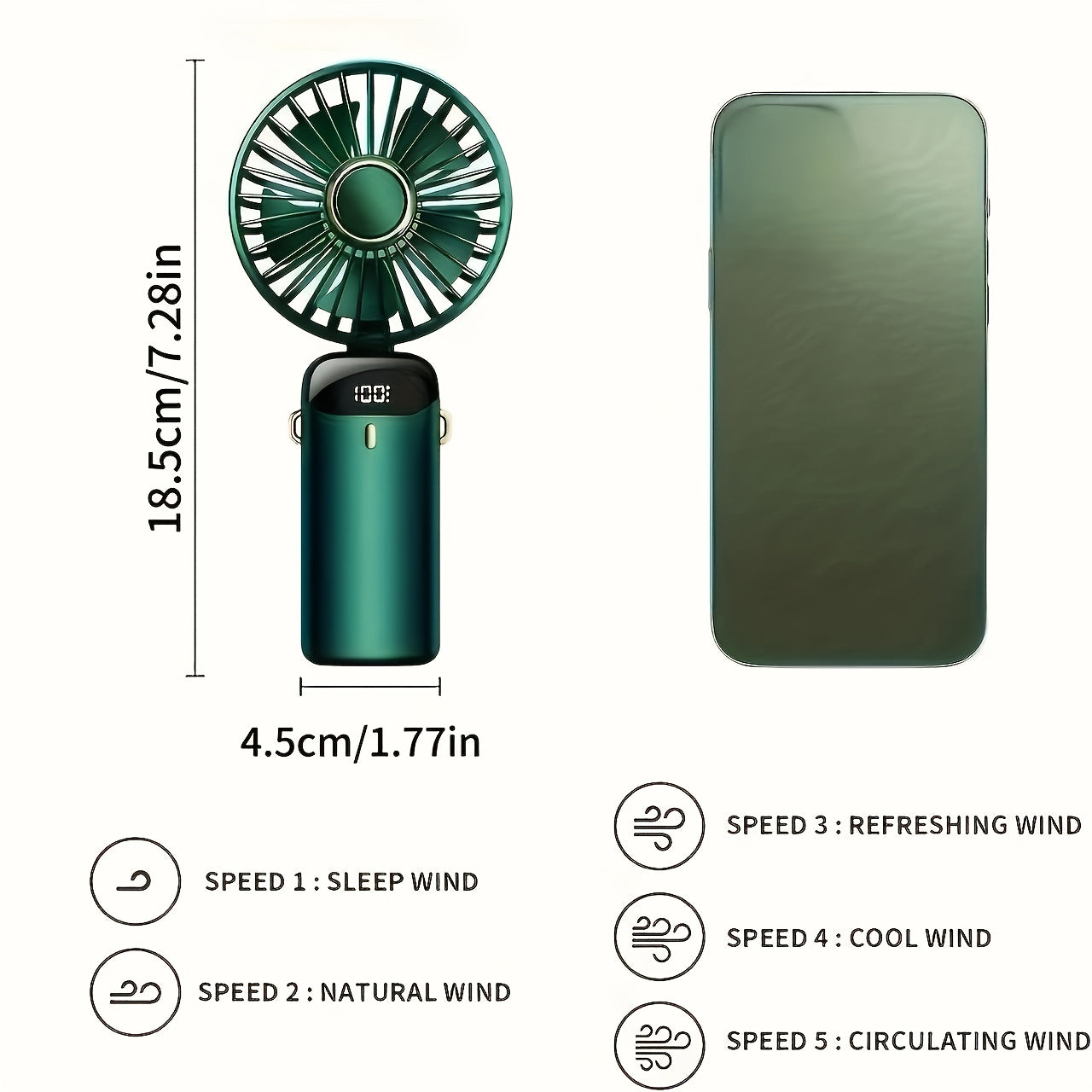 USB Rechargeable Portable Folding Fan with Digital Display, 5 Speed, Multiple Colors