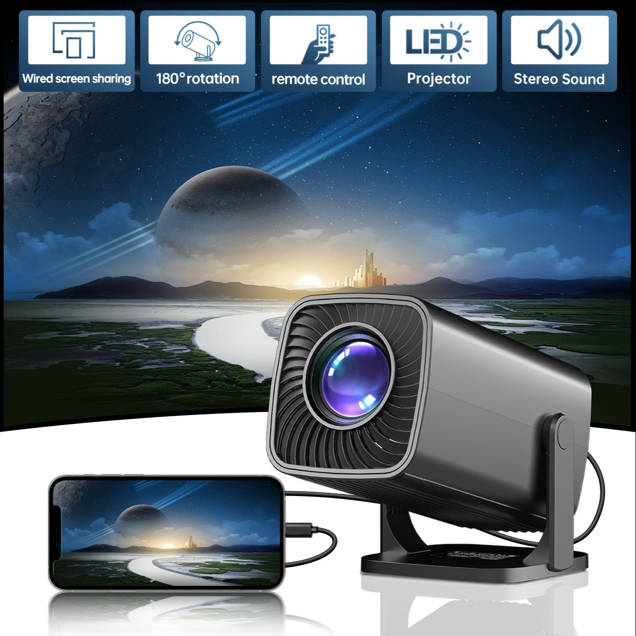 Proyector inteligente portátil para cine en casa, oficina y reuniones, rotación de 180°