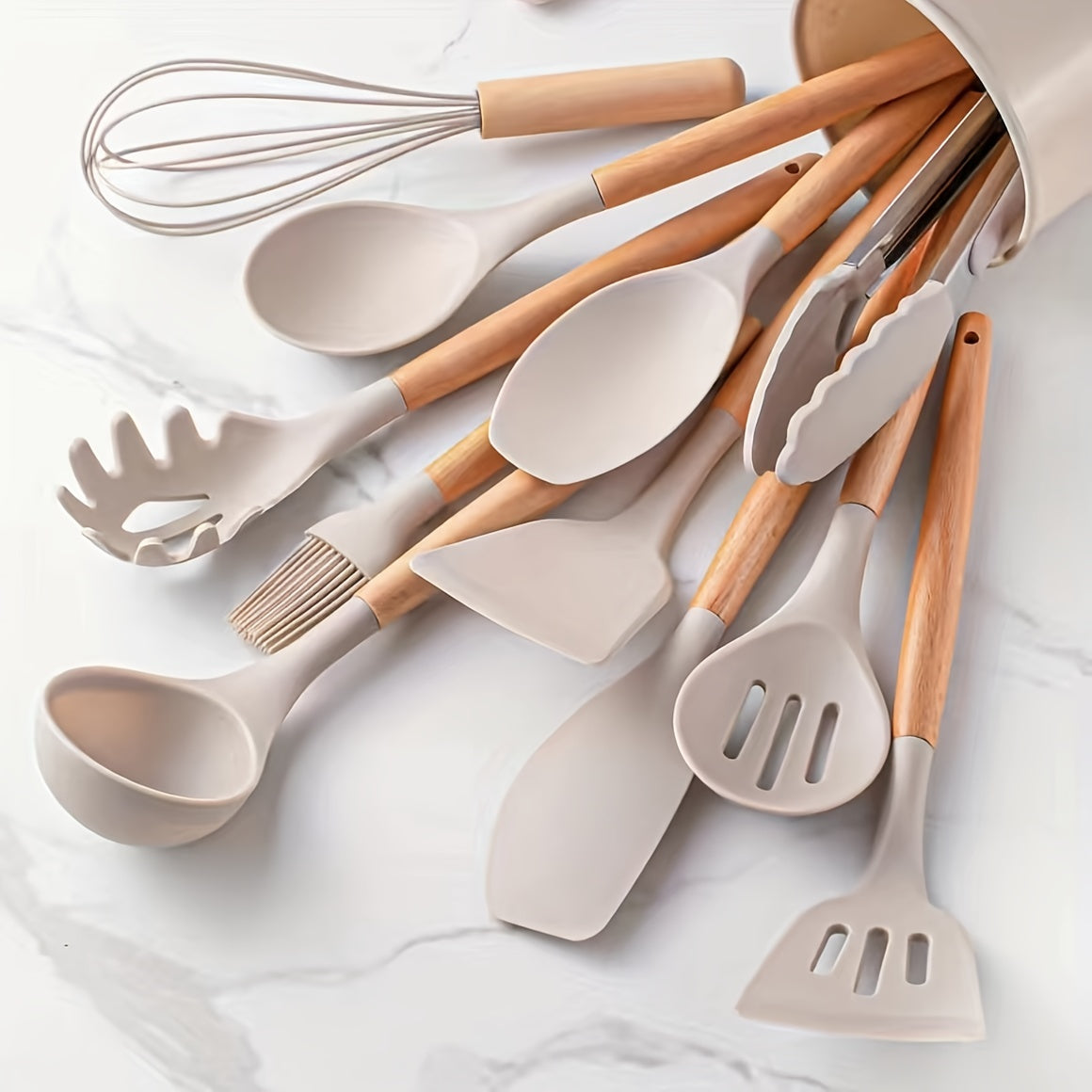 12-Piece Silicone Kitchen Utensil Set with Wooden Handles Khaki Non-Stick Heat-Resistant