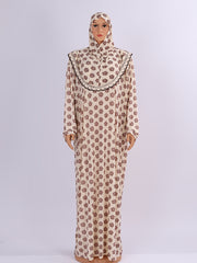 Muslim Abaya Long Sleeve Beige Floral Ruffle Neck Loose Fit All-Season