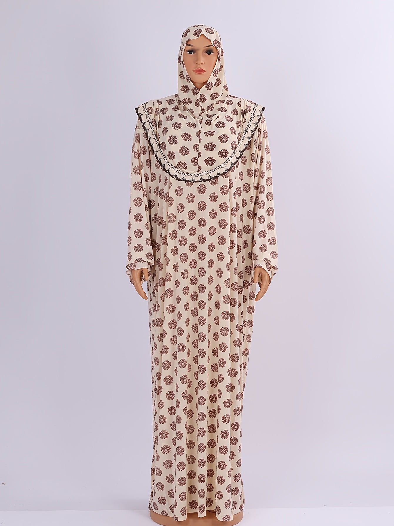 Muslim Abaya Long Sleeve Beige Floral Ruffle Neck Loose Fit All-Season