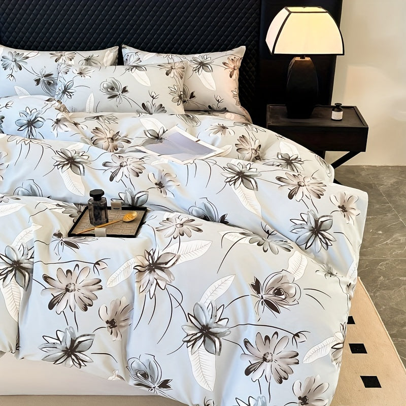 Koʻk rangli gull naqshli yostiq va yostiqchalar bilan toʻplam, 3 ta qopqoq va yostiqchalar, yumshoq polyester