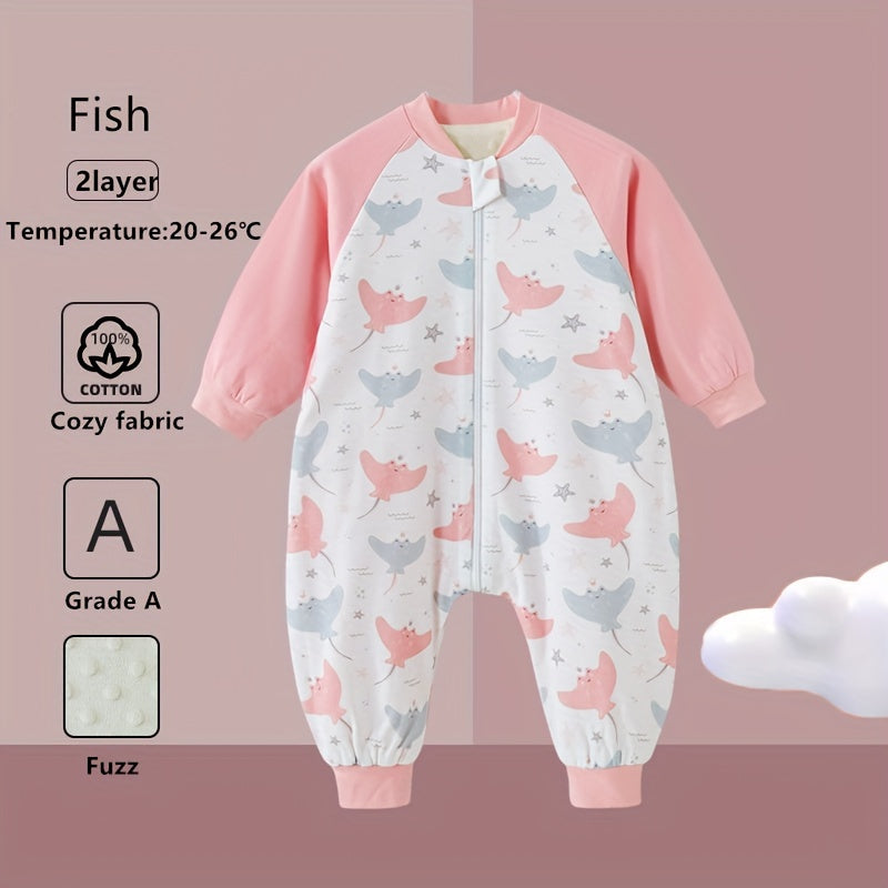 Унисекс спальный мешок для младенцев с принтом животных изготовлен из плотного хлопкового флиса, подкладка из полиэфирного волокна. Машинная стирка, подходит для одного человека. Чехол изготовлен на 100% из хлопка, с весом подкладки 120-140 г.