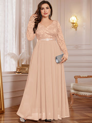 Plus Size Women’s Chiffon Long Dress V-Neck Flared Beaded Waist Party