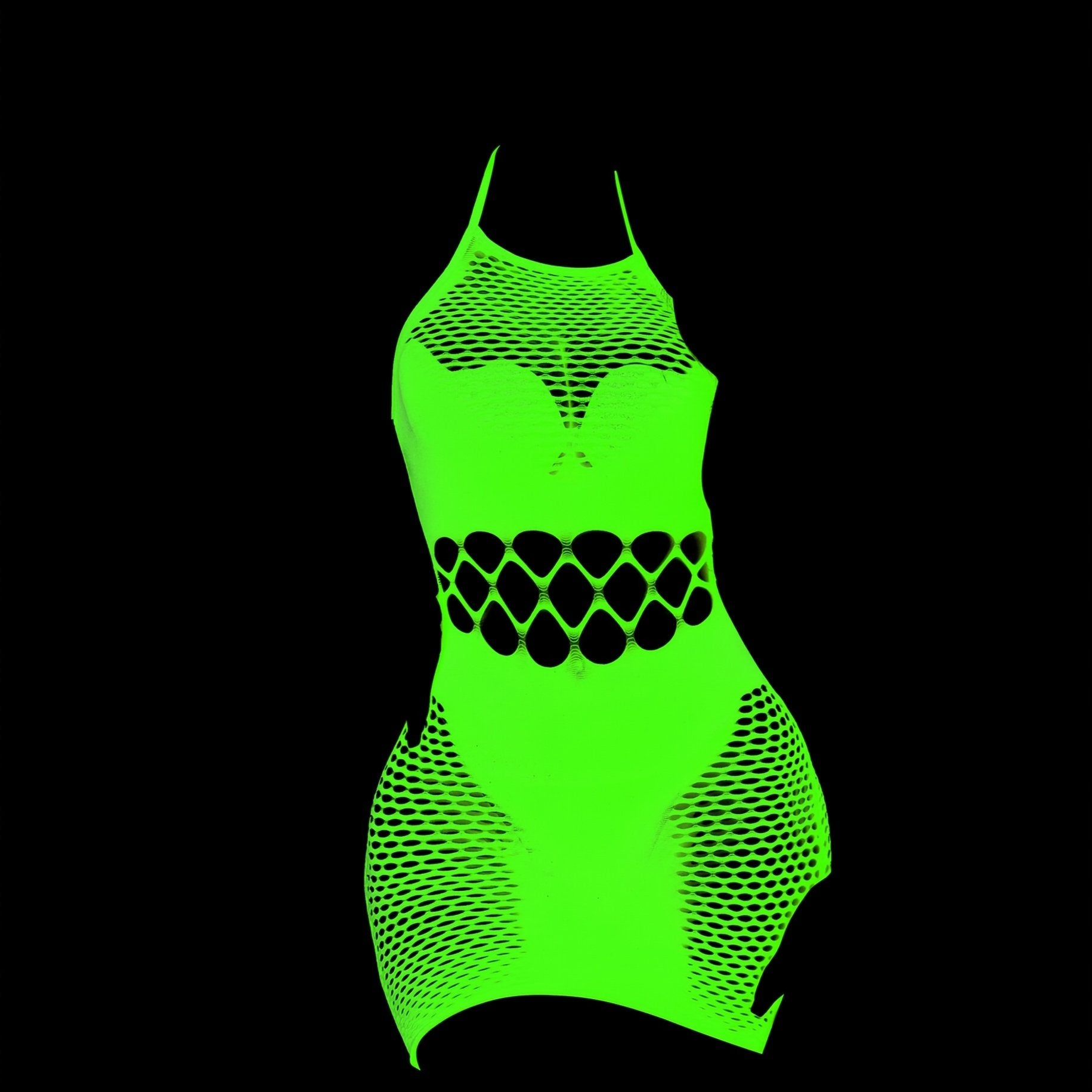 Plus-Size Glow-in-the-Dark Lace Fishnet Dress Lingerie See-Through Halter