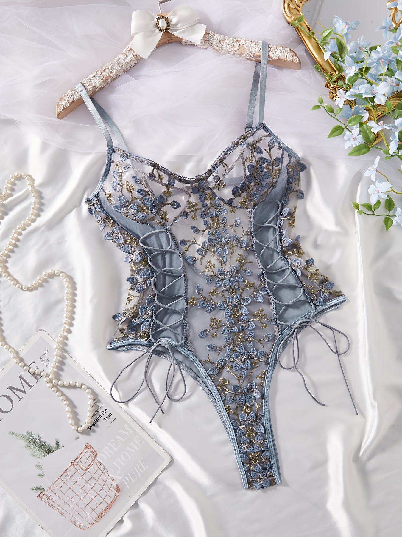 Floral Embroidered Bodysuit with Belt for Women