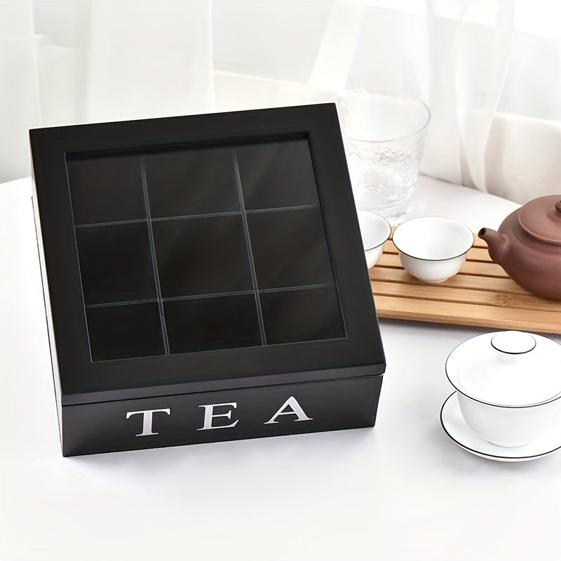 Black Wooden Tea and Jewelry Storage Box with Drawer and Lid